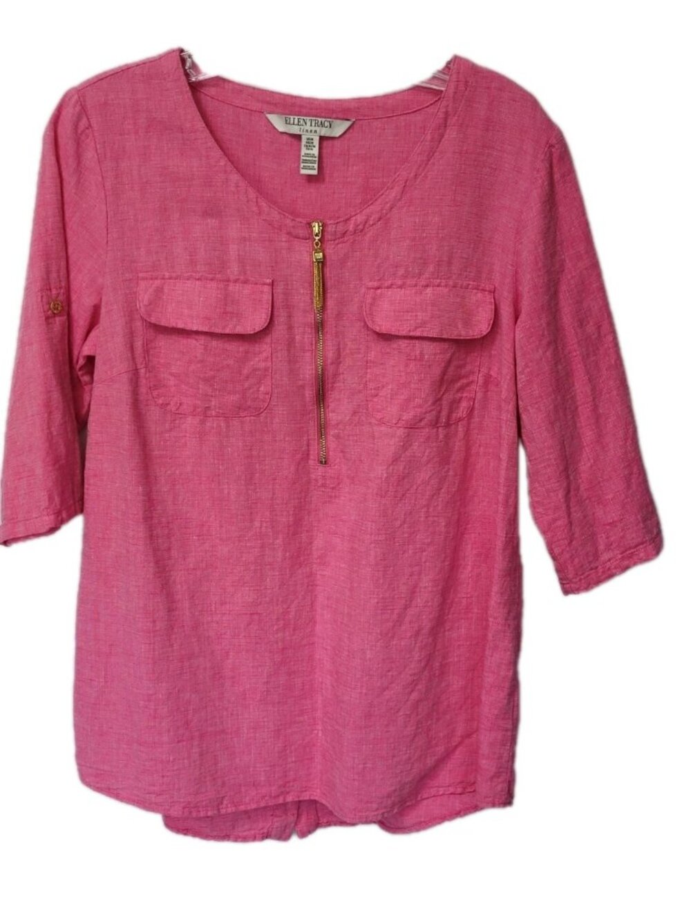 Ellen Tracy Linen Pink Linen Blend Flap Chest Pockets 1/2 Zip Top Medium